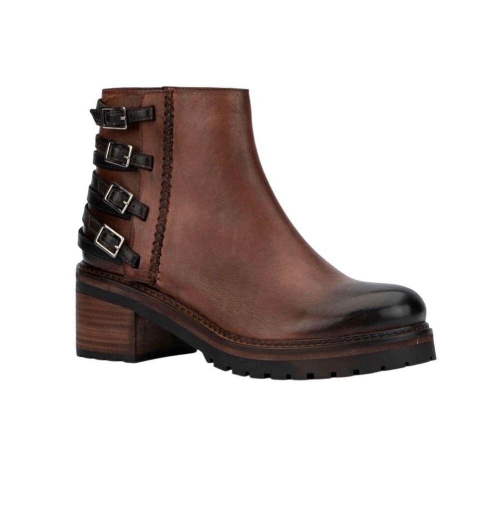 Vintage Foundry Co. $200 Women's Buckle Straps Leather Perri Bootie Brown Sz 7.5